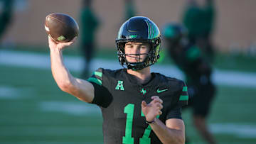 Oct 10, 2025; Denton, Texas, USA; North Texas Mean Green quarterback Drew Mestemaker (17) warms up prior to a game against the South Florida Bulls at DATCU Stadium. Mandatory Credit: Raymond Carlin III-Imagn Images