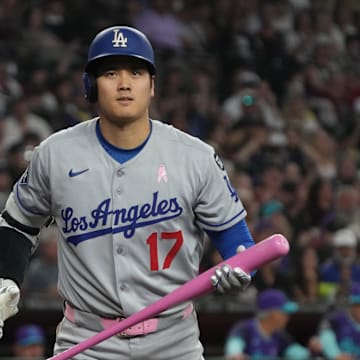 Los Angeles Dodgers Shohei Ohtani (17) reacts after striking out against the Arizona Diamondbacks in the third inning at Chase Field on May 11.