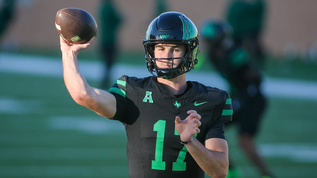 Oct 10, 2025; Denton, Texas, USA; North Texas Mean Green quarterback Drew Mestemaker (17) warms up prior to a game against the South Florida Bulls at DATCU Stadium. Mandatory Credit: Raymond Carlin III-Imagn Images