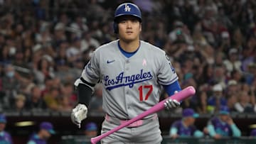 Los Angeles Dodgers Shohei Ohtani (17) reacts after striking out against the Arizona Diamondbacks.