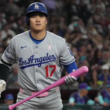 Los Angeles Dodgers Shohei Ohtani (17) reacts after striking out against the Arizona Diamondbacks.