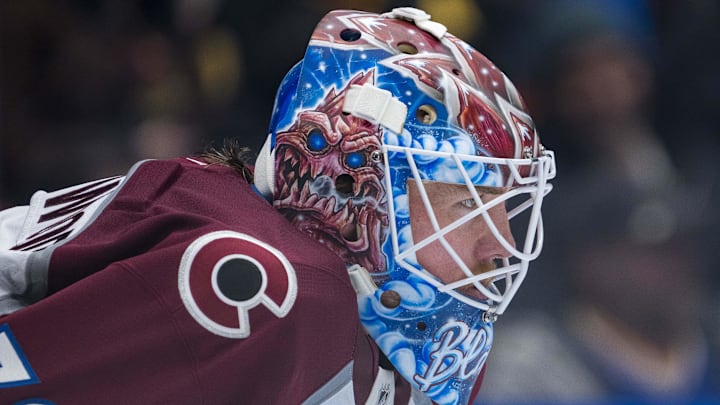 Feb 4, 2025; Vancouver, British Columbia, CAN; Colorado Avalanche goalie Mackenzie Blackwood (39) during a stop in play against the Vancouver Canucks in the second period at Rogers Arena. Mandatory Credit: Bob Frid-Imagn Images