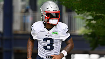Jun 9, 2025; Foxborough, MA, USA; New England Patriots wide receiver DeMario Douglas (3) jogs to the practice fields at Gillette Stadium. Mandatory Credit: Eric Canha-Imagn Images
