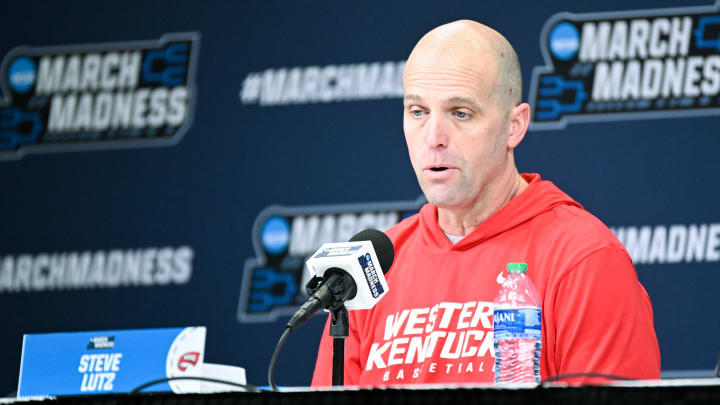 Mar 21, 2024; Indianapolis, IN, USA;  Western Kentucky Hilltoppers head coach Steve Lutz speaks to