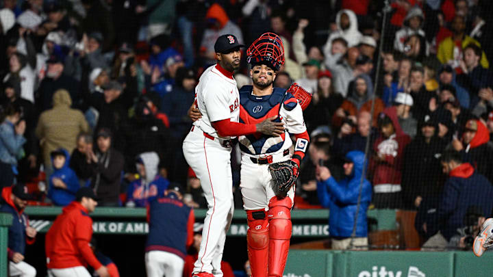 May 19, 2025; Boston, Massachusetts, USA; Boston Red Sox relief pitcher Aroldis Chapman (44)  and catcher Carlos Narvaez (75) celebrate beating the New York Mets at Fenway Park. Mandatory Credit: Eric Canha-Imagn Images