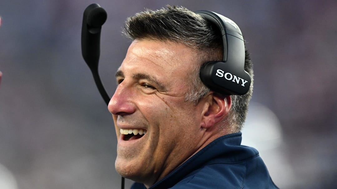 Aug 8, 2025; Foxborough, Massachusetts, USA; New England Patriots head coach Mike Vrabel reacts before a game against the Washington Commanders at Gillette Stadium. Mandatory Credit: Brian Fluharty-Imagn Images