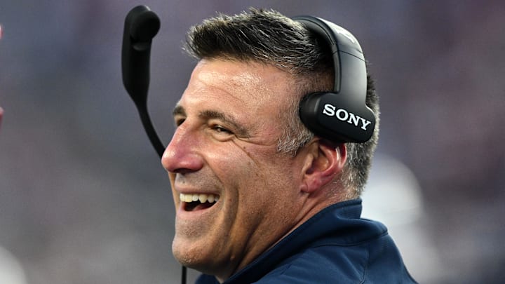 Aug 8, 2025; Foxborough, Massachusetts, USA; New England Patriots head coach Mike Vrabel reacts before a game against the Washington Commanders at Gillette Stadium. Mandatory Credit: Brian Fluharty-Imagn Images