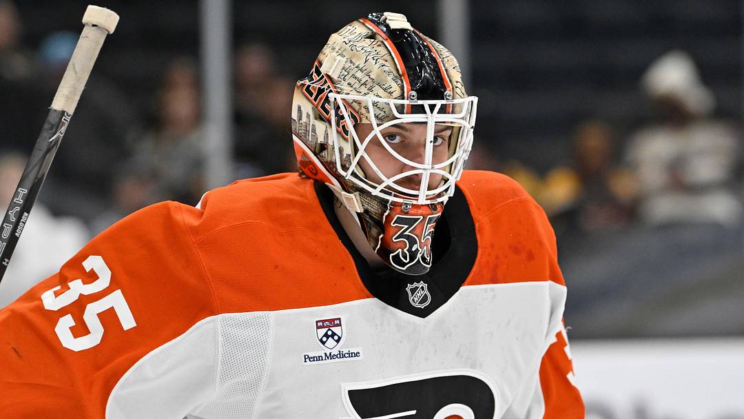 Sep 29, 2025; Boston, Massachusetts, USA;  Philadelphia Flyers goaltender Aleksei Kolosov (35) warms up before a game against the Boston Bruins at TD Garden. 