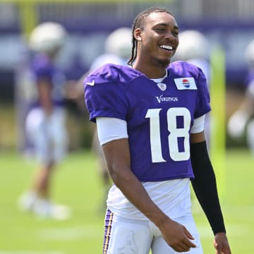 Aug 3, 2024; Eagan, MN, USA; Minnesota Vikings wide receiver Justin Jefferson (18) looks on during practice at Vikings training camp in Eagan, MN.