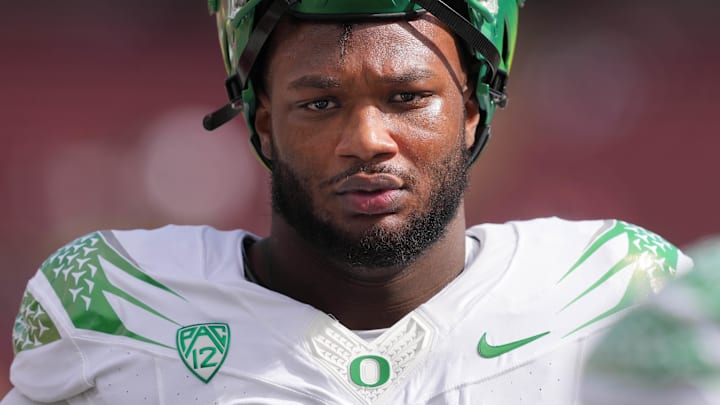 Sep 30, 2023; Stanford, California, USA; Oregon Ducks defensive end Jordan Burch (1) before the game against the Stanford Cardinal at Stanford Stadium.