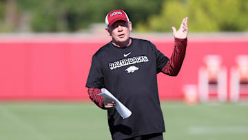 Aug 14, 2025; Fayetteville, AR, USA; Arkansas Razorbacks offensive coordinator and quarterbacks coach Bobby Petrino during practice. Mandatory Credit: Nelson Chenault-Imagn Images