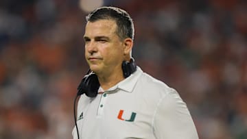 Miami Hurricanes head coach Mario Cristobal looks on from the sideline against the Virginia Tech Hokies during the third quarter at Hard Rock Stadium. 