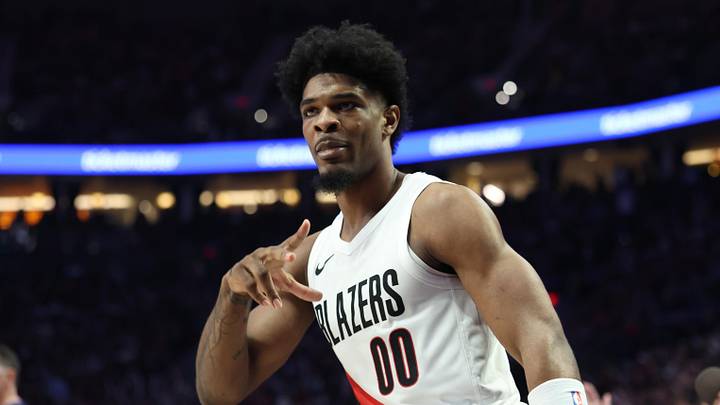 Apr 24, 2026; Portland, Oregon, USA; Portland Trail Blazers guard Scoot Henderson (00) reacts after scoring a three-point shot against the San Antonio Spurs during the first half during game three of the first round of the 2026 NBA Playoffs at Moda Center. Mandatory Credit: Jaime Valdez-Imagn Images