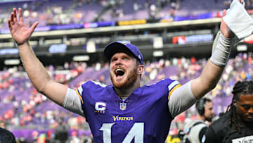 Sep 15, 2024; Minneapolis, Minnesota, USA; Minnesota Vikings quarterback Sam Darnold (14) reacts after the game against the San Francisco 49ers at U.S. Bank Stadium. Mandatory Credit: Jeffrey Becker-Imagn Images
