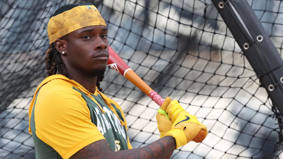 Sep 19, 2025; Pittsburgh, Pennsylvania, USA;  Athletics center fielder Lawrence Butler (4) at the batting cage before the game against the Pittsburgh Pirates at PNC Park. Mandatory Credit: Charles LeClaire-Imagn Images