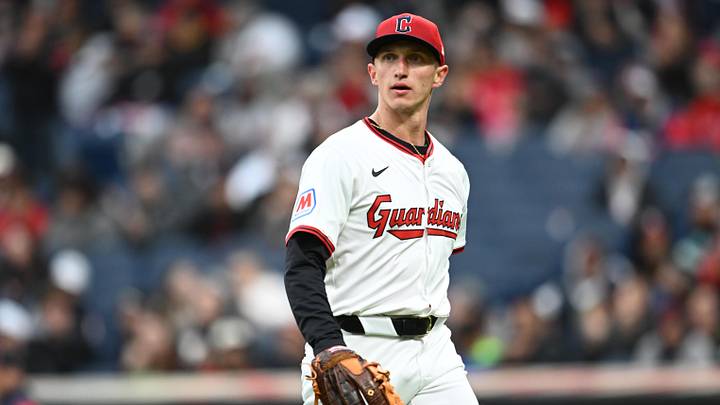 Apr 26, 2025; Cleveland, OH, USA; Cleveland Guardians starting pitcher Doug Nikhazy (65) walks off the mound during the first inning against the Boston Red Sox at Progressive Field. Mandatory Credit: Ken Blaze-Imagn Images