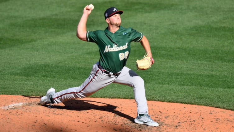 Jul 8, 2023; Seattle, Washington, USA; National League Futures relief pitcher Spencer Schwellenbach (88) of the Atlanta Braves pitches to the American League during the fifth inning of the All Star-Futures game at T-Mobile Park. Mandatory Credit: Steven Bisig-USA TODAY Sports