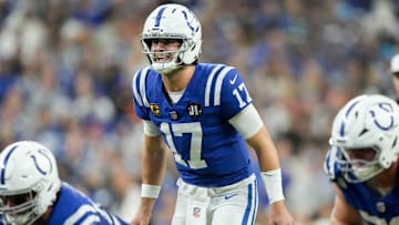 Indianapolis Colts quarterback Daniel Jones (17) yells at the line of scrimmage Sunday, Nov. 30, 2025, during a game against the Houston Texans at Lucas Oil Stadium in Indianapolis.