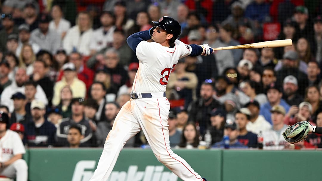 Apr 23, 2025; Boston, Massachusetts, USA; Boston Red Sox first base Triston Casas (36) hits a three-run home run against the Seattle Mariners during the eighth inning at Fenway Park. Mandatory Credit: Brian Fluharty-Imagn Images.