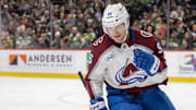 Jan 9, 2025; Saint Paul, Minnesota, USA;  Colorado Avalanche forward Mikko Rantanen (96) celebrates his goal against the Minnesota Wild during the second period at Xcel Energy Center. Mandatory Credit: Nick Wosika-Imagn Images
