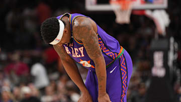 Mar 2, 2025; Phoenix, Arizona, USA; Phoenix Suns guard Bradley Beal (3) reacts against the Minnesota Timberwolves during the second half at Footprint Center. Mandatory Credit: Joe Camporeale-Imagn Images