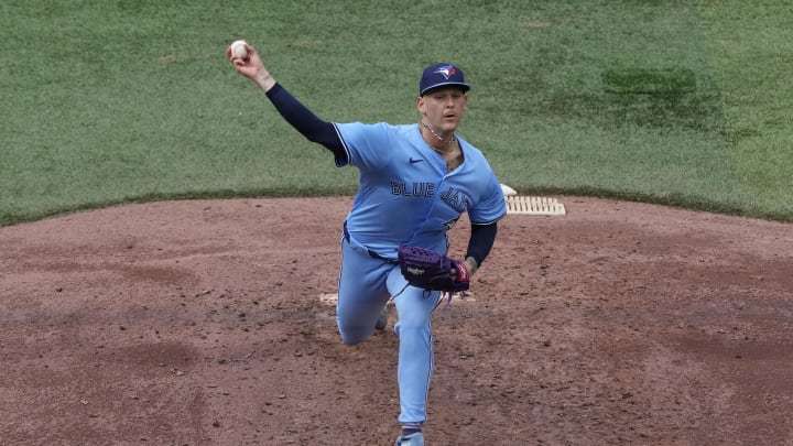 Toronto Blue Jays starting pitcher Bowden Francis (44) pitches to the Los Angeles Angels during the sixth inning at Rogers Centre in 2024.