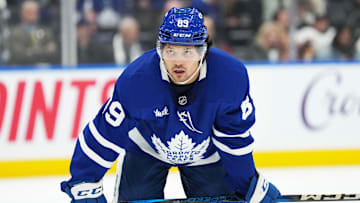 Oct 12, 2024; Toronto, Ontario, CAN; Toronto Maple Leafs left wing Nicholas Robertson (89) gets ready for the faceoff against the Pittsburgh Penguins during the first period at Scotiabank Arena. Mandatory Credit: Nick Turchiaro-Imagn Images