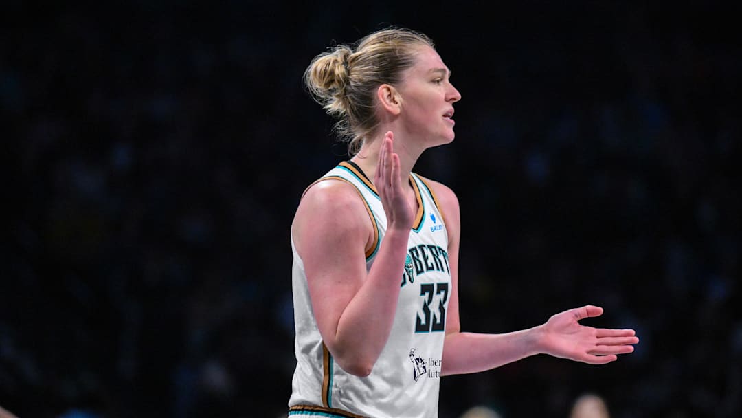 New York Liberty center Emma Meesseman (33) reacts during the second half against the Chicago Sky at Barclays Center. 
