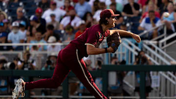 Jun 14, 2024; Omaha, NE, USA; Florida State Seminoles starting pitcher Jamie Arnold (16) pitches against the Tennessee Volunteers during the first inning at Charles Schwab Filed Omaha. Mandatory Credit: Dylan Widger-Imagn Images