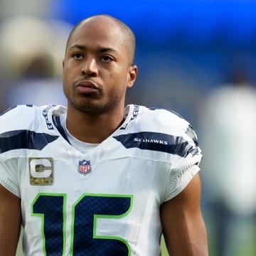 Nov 19, 2023; Inglewood, California, USA; Seattle Seahawks wide receiver Tyler Lockett (16) looks on before the game against the Los Angeles Rams at SoFi Stadium. Mandatory Credit: Kirby Lee-USA TODAY Sports
