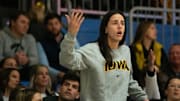 Former Iowa women's basketball player Caitlin Clark reacts after a foul call on Iowa during the Drake vs. Iowa basketball game at Knapp Center on Sunday, Nov. 17, 2024, in Des Moines.