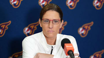 Aug 5, 2025; Los Angeles, California, USA; Indiana Fever coach Stephanie White at press conference at the Crypto.com Arena. Mandatory Credit: Kirby Lee-Imagn Images