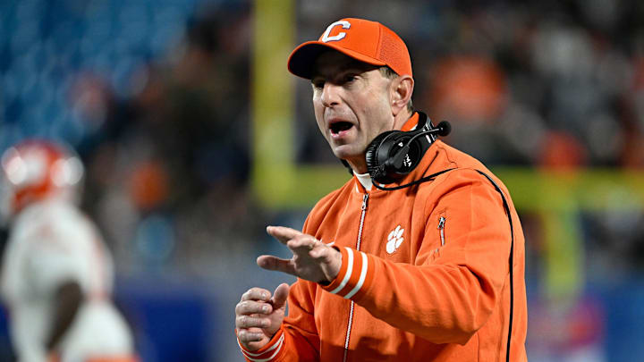 Clemson Tigers head coach Dabo Swinney during the second quarter against the Southern Methodist Mustangs in the 2024 ACC Championship game at Bank of America Stadium.