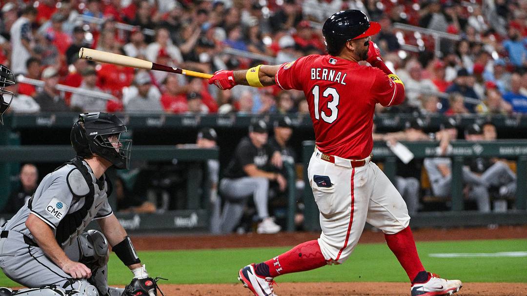 Sep 11, 2026; St. Louis, Missouri, USA; St. Louis Cardinals catcher Leo Bernal (13) hits a one run single against the Chicago White Sox during the seventh inning at Busch Stadium. Mandatory Credit: Jeff Curry-Imagn Images Sep 11, 2026; St. Louis, Missouri, USA; St. Louis Cardinals catcher Leo Bernal (13) hits a one run single against the Chicago White Sox during the seventh inning at Busch Stadium. Mandatory Credit: Jeff Curry-Imagn Images