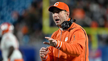 Dec 7, 2024; Charlotte, NC, USA; Clemson Tigers head coach Dabo Swinney during the second quarter against the Southern Methodist Mustangs in the 2024 ACC Championship game at Bank of America Stadium. Mandatory Credit: Bob Donnan-Imagn Images