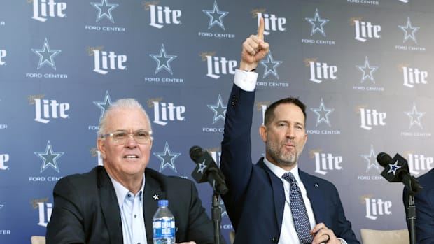 Dallas Cowboys CEO Stephen Jones and head coach Brian Schottenheimer speak to the media at a press conference at the Star.  M