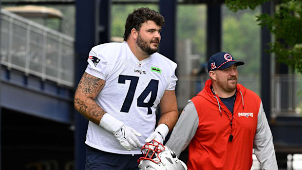 New England Patriots offensive lineman Jack Conley (74) walks to the practice fields.