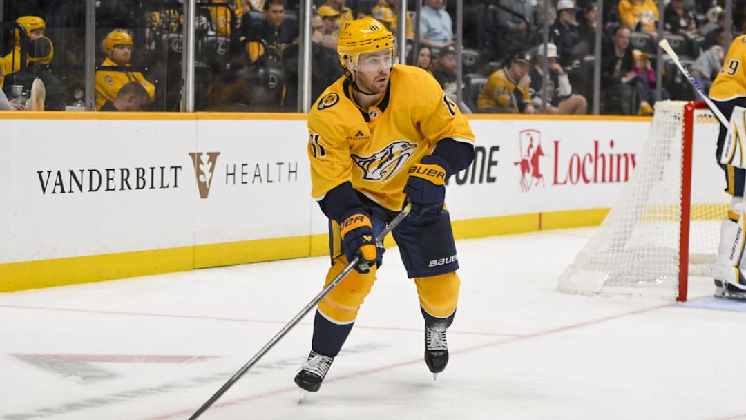 Mar 21, 2026; Nashville, Tennessee, USA;  Nashville Predators center Jonathan Marchessault (81) skates behind the net against the Vegas Golden Knights during the third period at Bridgestone Arena. Mandatory Credit: Steve Roberts-Imagn Images