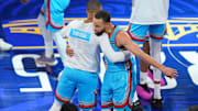 Feb 16, 2025; San Francisco, CA, USA; Shaqís OGs guard Damian Lillard (0) of the Milwaukee Bucks and guard Stephen Curry (30) of the Golden State Warriors celebrate after winning the 2025 NBA All Star Game at Chase Center. Mandatory Credit: Darren Yamashita-Imagn Images