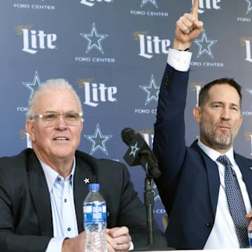 Dallas Cowboys CEO Stephen Jones and head coach Brian Schottenheimer speak to the media at a press conference at the Star.  