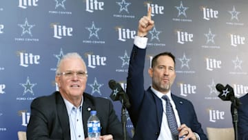 Jan 27, 2025; Frisco, TX, USA;   (L ro R) Dallas Cowboys CEO Stephen Jones and head coach Brian Schottenheimer speak to the media at a press conference at the Star.  Mandatory Credit: Tim Heitman-Imagn Images