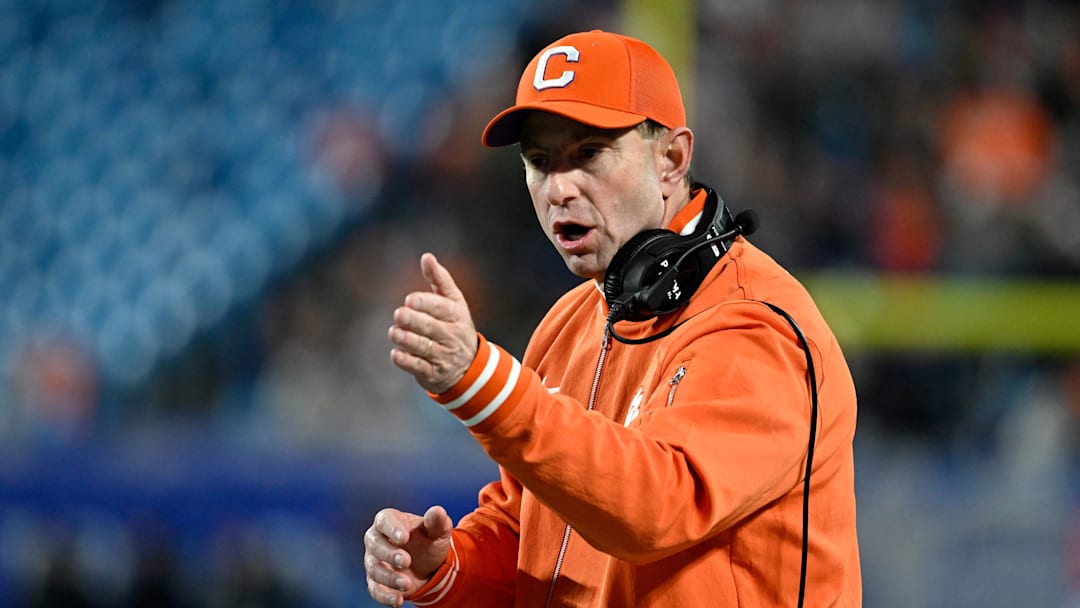 Dec 7, 2024; Charlotte, NC, USA; Clemson Tigers head coach Dabo Swinney during the second quarter against the Southern Methodist Mustangs in the 2024 ACC Championship game at Bank of America Stadium.