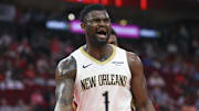 Mar 8, 2025; Houston, Texas, USA;  New Orleans Pelicans forward Zion Williamson (1) reacts after a call during the third quarter against the Houston Rockets at Toyota Center. Mandatory Credit: Troy Taormina-Imagn Images