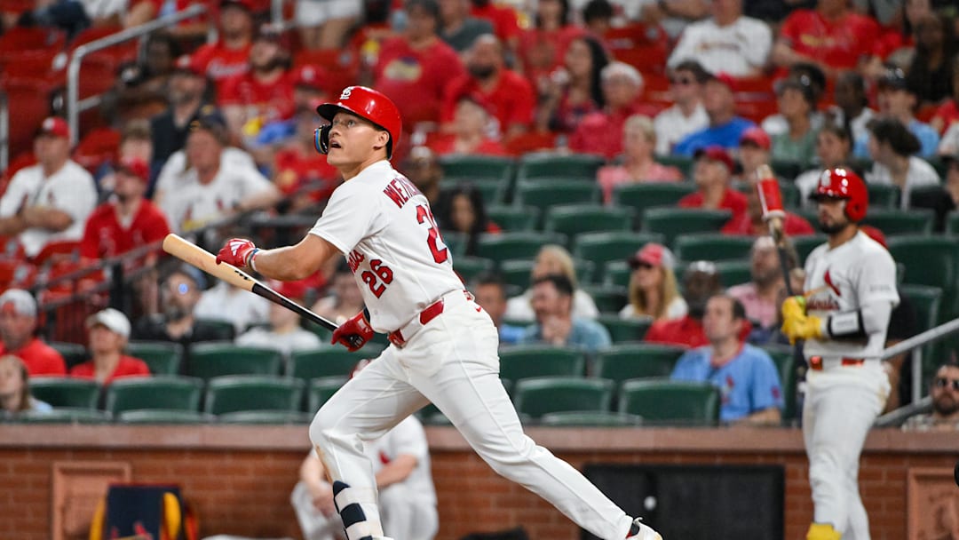 Apr 14, 2026; St. Louis, Missouri, USA; St. Louis Cardinals second baseman JJ Wetherholt (26) hits a two run home run for his second home run of the game against the Cleveland Guardians during the eighth inning at Busch Stadium. Mandatory Credit: Jeff Curry-Imagn Images