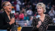 Former Iowa head coach Lisa Bluder talks on Big Ten Network on Friday, March 7, 2025, in a quarterfinals game at the 2025 TIAA Big Ten Women's Basketball Tournament between the Iowa Hawkeyes and the Ohio State Buckeyes at Gainbridge Fieldhouse in Indianapolis. The Buckeyes defeated the Hawkeyes, 60-59.