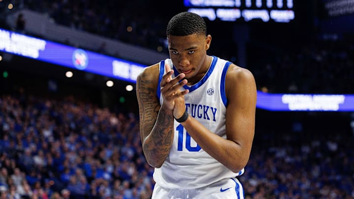 Feb 8, 2025; Lexington, Kentucky, USA; Kentucky Wildcats forward Brandon Garrison (10) celebrates during the first half against the South Carolina Gamecocks at Rupp Arena at Central Bank Center. Mandatory Credit: Jordan Prather-Imagn Images