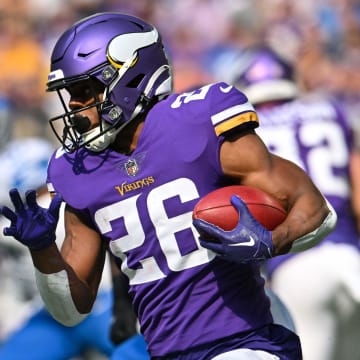 Sep 25, 2022; Minneapolis, Minnesota, USA; Minnesota Vikings running back Kene Nwangwu (26) in action against the Detroit Lions at U.S. Bank Stadium.