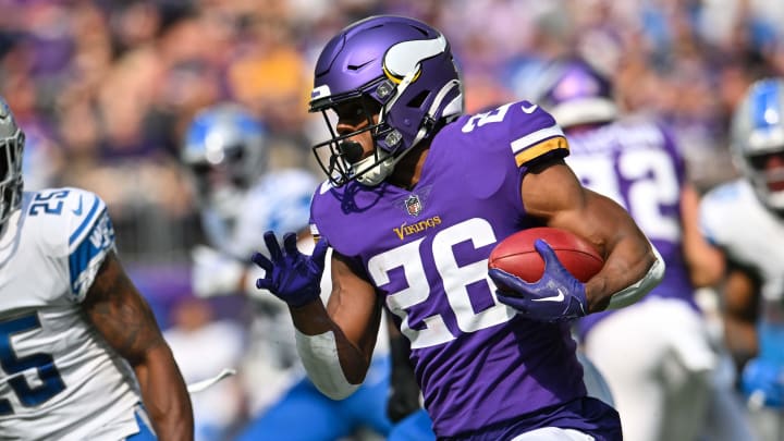 Sep 25, 2022; Minneapolis, Minnesota, USA; Minnesota Vikings running back Kene Nwangwu (26) in action against the Detroit Lions at U.S. Bank Stadium.