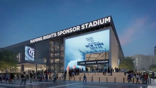 A rendered image of the entrance of NYCFC's new Etihad Park.