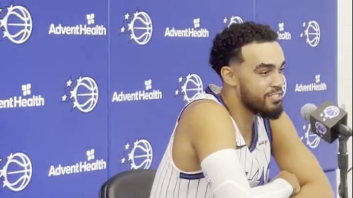 Tyus Jones talks to reporters on Magic Media Day, 2025